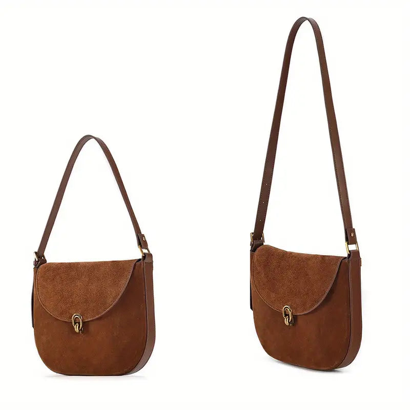 Borsa a tracolla in pelle marrone, design elegante, chiusura a fibbia dorata, ideale per moda donna, accessorio versatile e di tendenza.