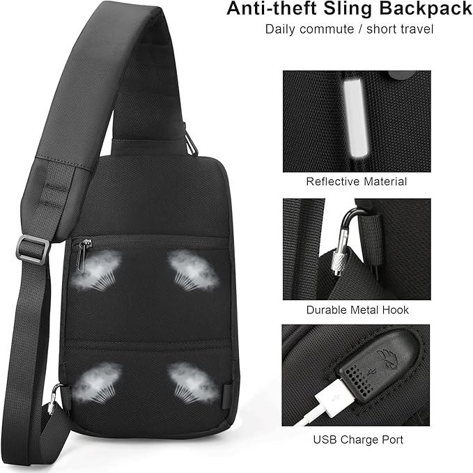 Zaino a tracolla antifurto nero con porta USB, gancio in metallo resistente e materiale riflettente. Ideale per pendolari e viaggi brevi.