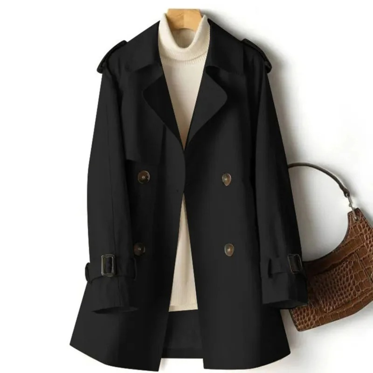 Cappotto nero elegante da donna, doppio petto, con cintura e bottoni, abbinato a maglione bianco e borsa marrone. Moda autunnale chic.