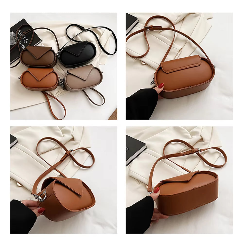 Borse a tracolla in pelle sintetica, design ovale, colori nero, marrone e beige, chiusura a patta, eleganti e versatili per moda femminile.