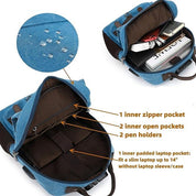 Zaino in tela blu con tasca interna imbottita per laptop fino a 14", tasca con zip, due tasche aperte, due portapenne, resistente all'acqua.