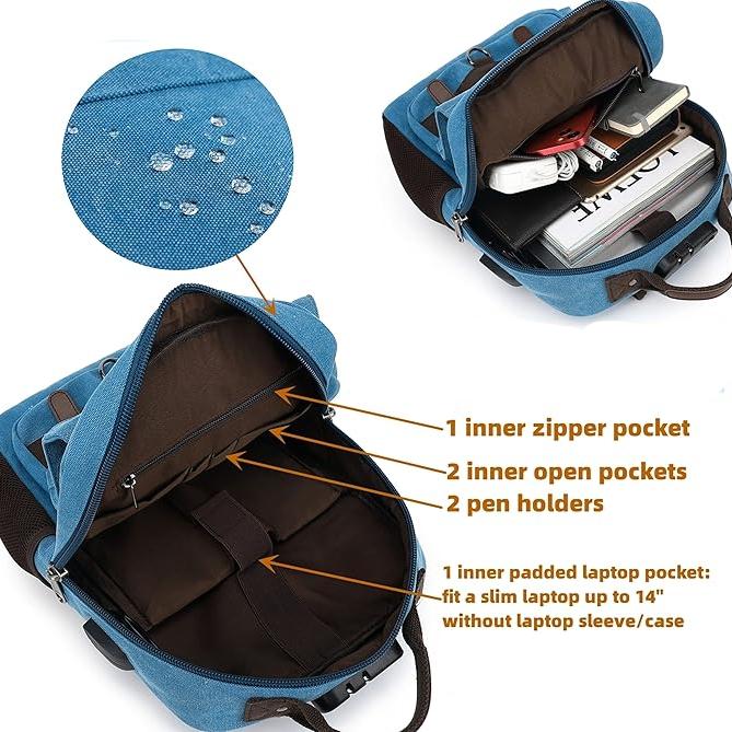 Zaino in tela blu con tasca interna imbottita per laptop fino a 14", tasca con zip, due tasche aperte, due portapenne, resistente all'acqua.
