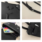 Borsa a tracolla nera impermeabile in pelle sintetica, con chiusura a bottone, tasca interna per smartphone, cinturino regolabile.
