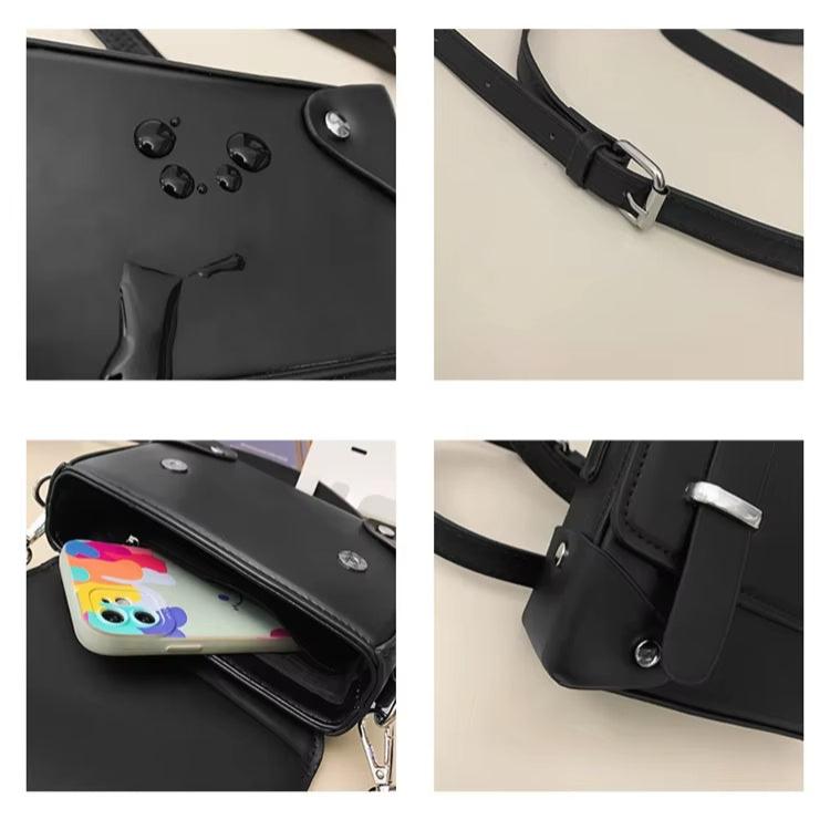 Borsa a tracolla nera impermeabile in pelle sintetica, con chiusura a bottone, tasca interna per smartphone, cinturino regolabile.