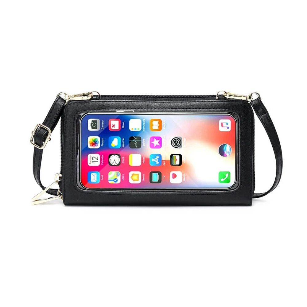 Custodia portafoglio nera per smartphone con tracolla regolabile, finestra trasparente touch, compatibile con iPhone, design elegante e pratico.