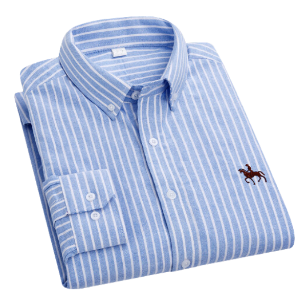 Camicia uomo a righe blu e bianche, manica lunga, colletto button-down, logo ricamato. Elegante e casual, ideale per ufficio o eventi formali.