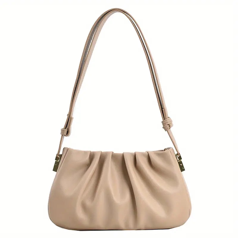 Borsa a spalla beige in pelle, design elegante con pieghe, chiusura a zip, manico regolabile. Accessorio moda donna, stile casual chic.