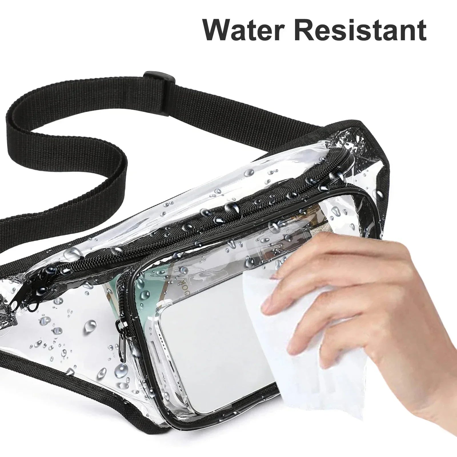 Marsupio trasparente impermeabile con cerniera, ideale per proteggere smartphone e oggetti personali dall'acqua. Design pratico e resistente.