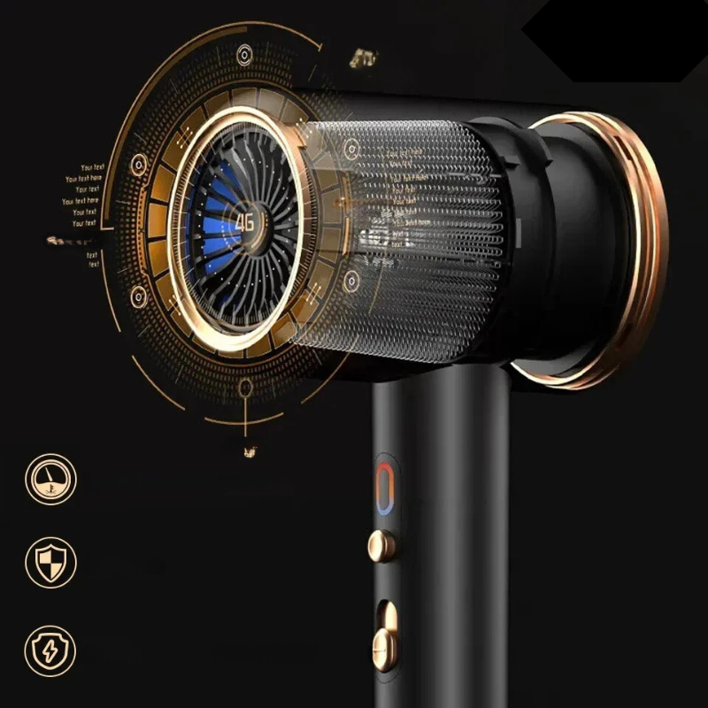 Asciugacapelli nero e oro con tecnologia avanzata, design futuristico, pulsanti dorati, motore potente, ideale per styling professionale.