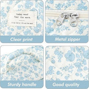 Borsa floreale bianca e azzurra con cerniera metallica, manico robusto e stampa chiara. Alta qualità, ideale per moda e accessori.