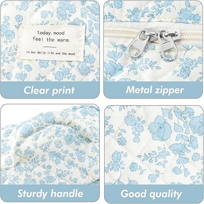 Borsa floreale bianca e azzurra con cerniera metallica, manico robusto e stampa chiara. Alta qualità, ideale per moda e accessori.