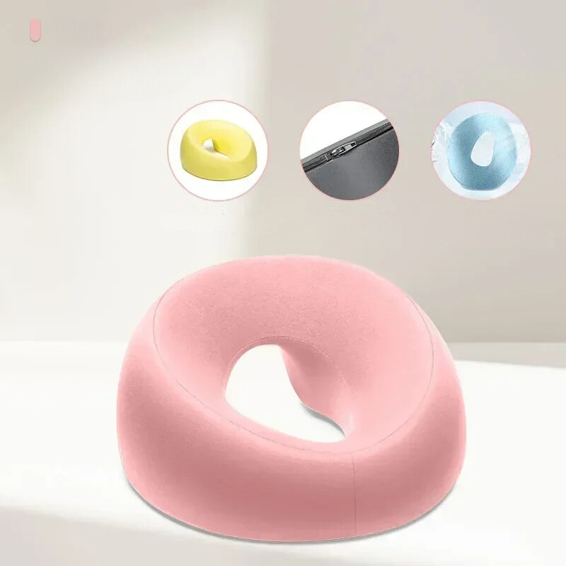 Cuscino ergonomico rosa per seduta, supporto lombare, design a ciambella, ideale per ufficio e casa. Materiale morbido e traspirante.