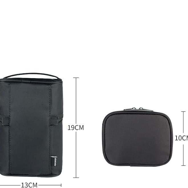 Borsa termica nera con manico, dimensioni 19x13 cm, accanto a custodia compatta 10x13 cm. Ideale per pranzo, picnic, viaggio. Accessori pratici e portatili.