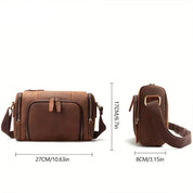 Borsa a tracolla in pelle marrone, dimensioni 27x17x8 cm, con tasche multiple e cerniere, ideale per uomo, stile casual ed elegante.