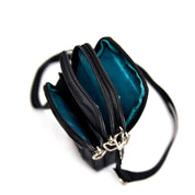 Borsa a tracolla nera con tre scomparti, cerniere argentate e interno turchese. Design elegante e pratico per moda donna.