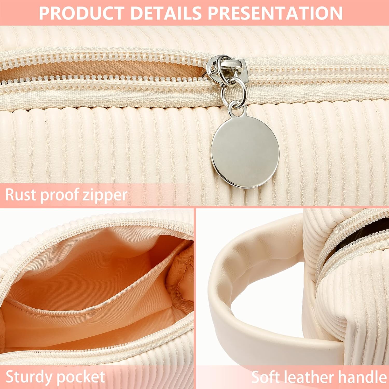 Borsa a tracolla beige con cerniera antiruggine, tasca robusta e manico in pelle morbida. Design elegante e funzionale per uso quotidiano.