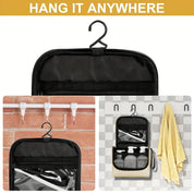 Organizer da viaggio nero con gancio, tasche trasparenti, appeso a parete. Ideale per bagno, accessori, cosmetici. Portatile e versatile.