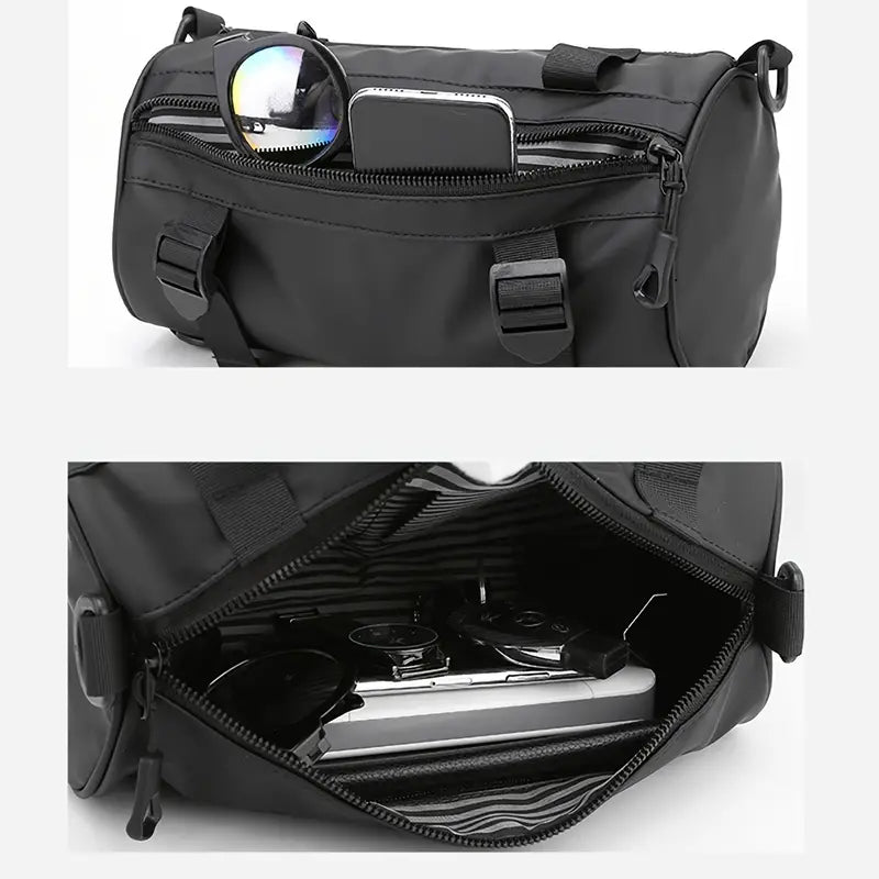 Borsa a tracolla nera impermeabile con tasche multiple, occhiali da sole e smartphone visibili. Ideale per viaggi e uso quotidiano.
