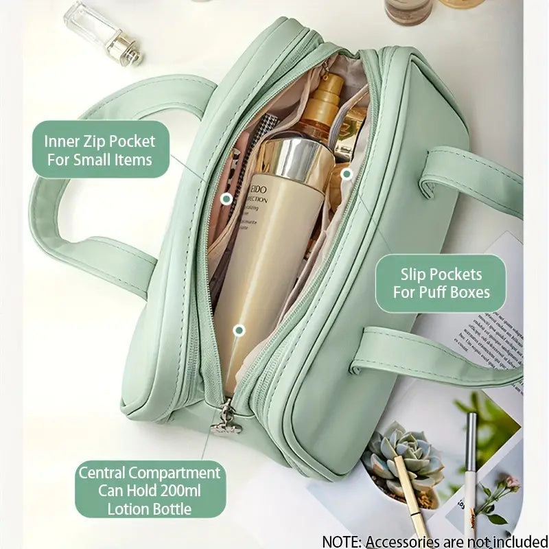 Borsa da viaggio verde menta con tasche interne, scomparto centrale per flacone da 200ml, tasche laterali per scatole, ideale per cosmetici e accessori.