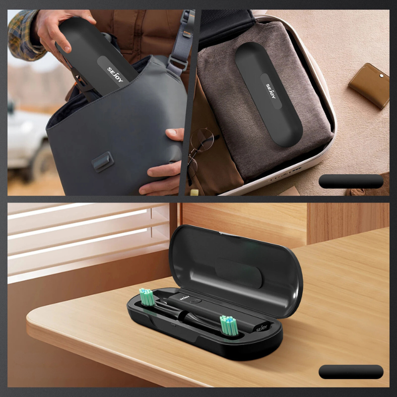 Custodia portaspazzolino elettrico Sejoy, compatta e resistente, ideale per viaggi. Include spazzolini intercambiabili, design elegante e funzionale.