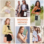 Borse a tracolla eleganti in vari colori indossate da modelli. Moda femminile, accessori versatili, stile casual e chic.