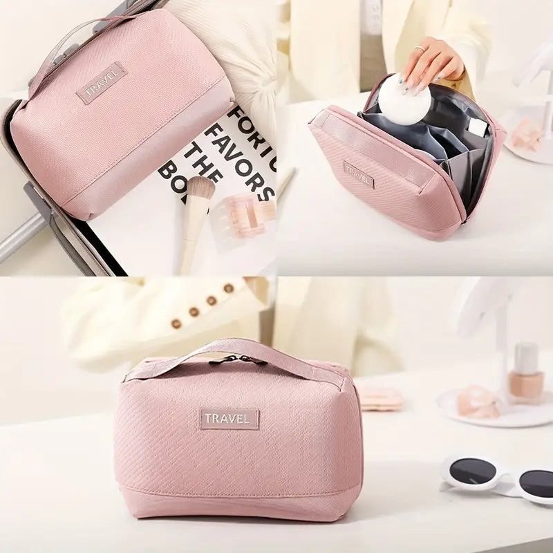 Borsa da viaggio rosa in tessuto, con zip, tasche interne, ideale per cosmetici e accessori. Perfetta per organizzare il beauty case in viaggio.