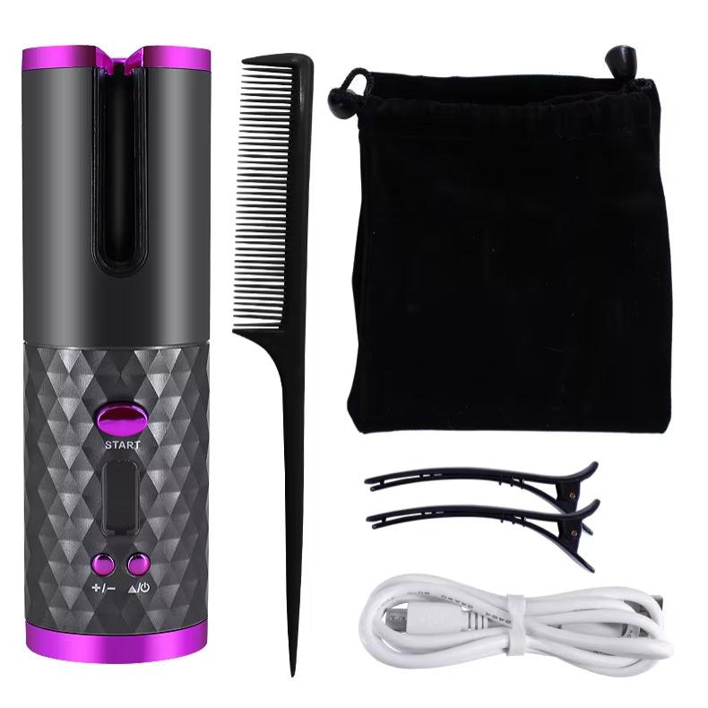 Arricciacapelli automatico nero e viola con pettine, pinze, cavo USB e custodia. Strumento styling capelli portatile e senza fili.