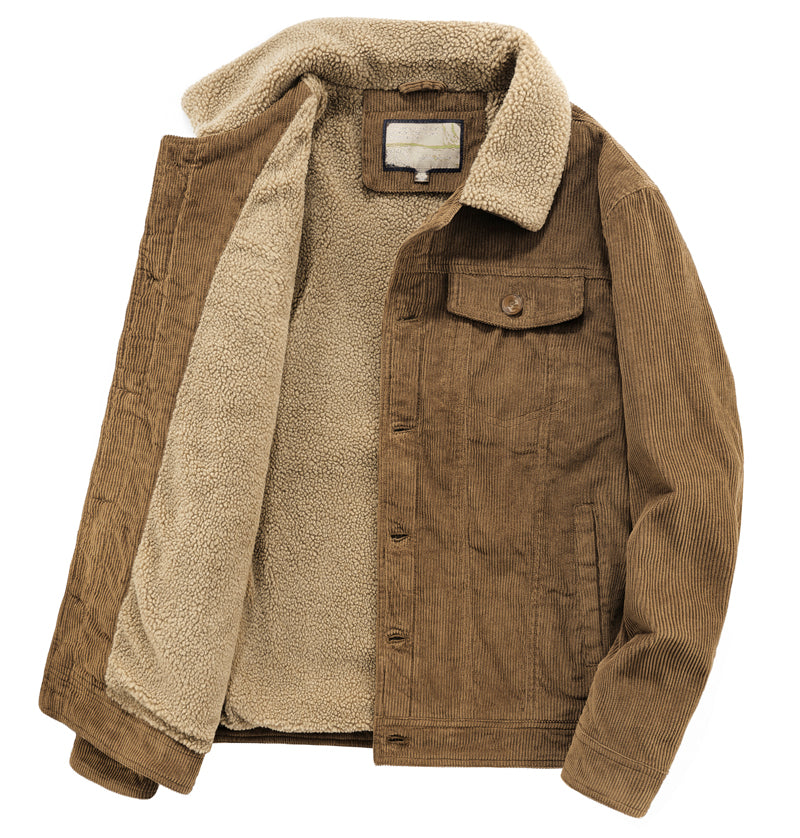 Giacca in velluto a coste marrone con fodera in pelliccia sintetica, stile casual, ideale per l'inverno. Tasche frontali, chiusura a bottoni.