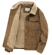 Giacca in velluto a coste marrone con fodera in pelliccia sintetica, stile casual, ideale per l'inverno. Tasche frontali, chiusura a bottoni.