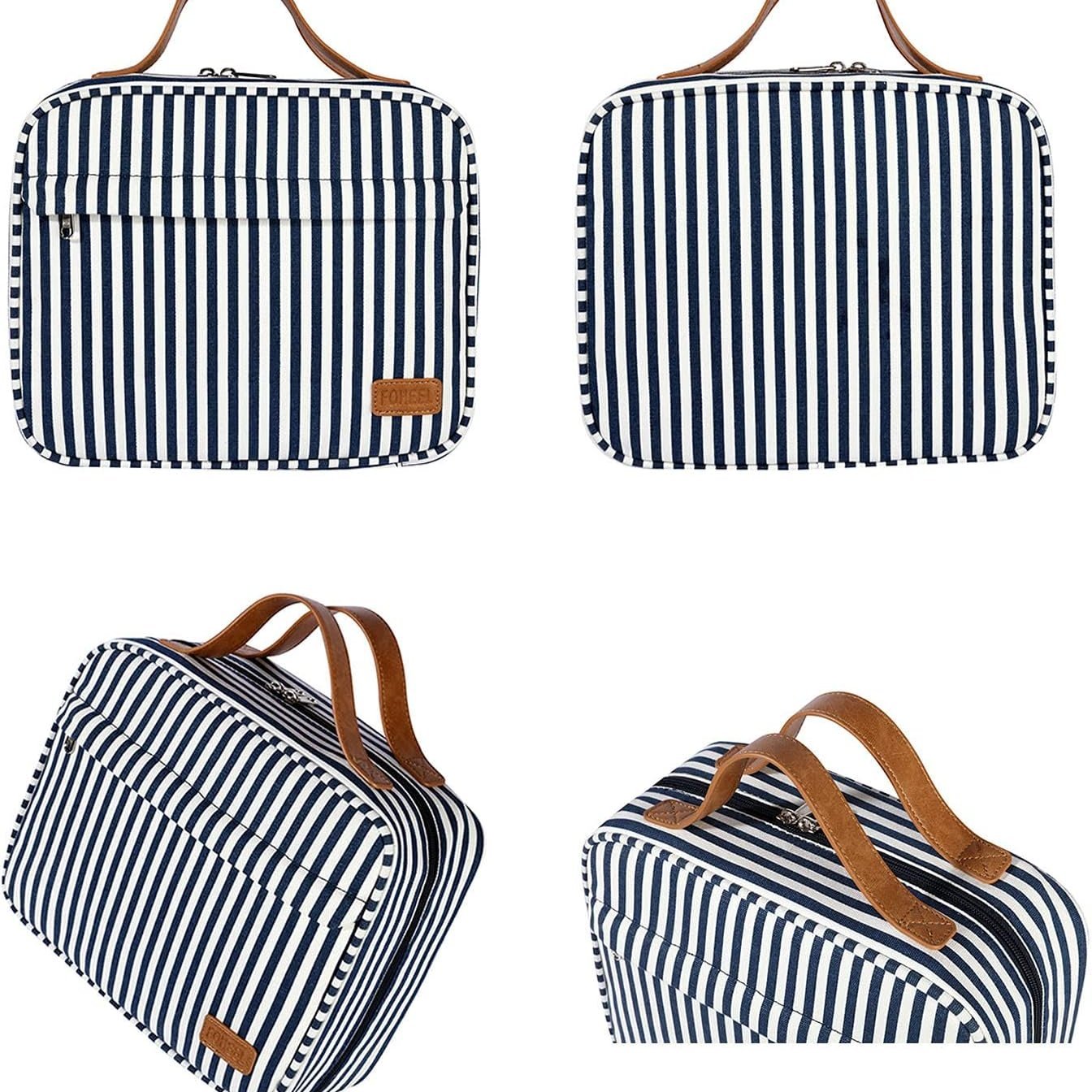Borsa da viaggio a righe blu e bianche, manici in pelle, tasca frontale con zip, design elegante e pratico, ideale per organizzare accessori.