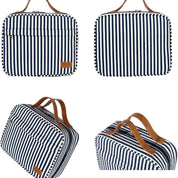 Borsa da viaggio a righe blu e bianche, manici in pelle, tasca frontale con zip, design elegante e pratico, ideale per organizzare accessori.