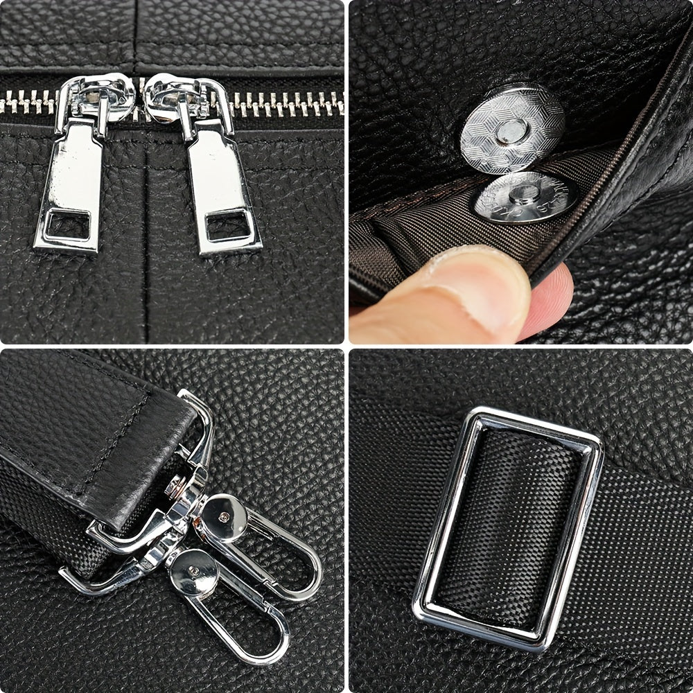 Quattro dettagli di una borsa in pelle nera: cerniera argentata, chiusura magnetica, ganci metallici e fibbia regolabile. Accessori moda eleganti.