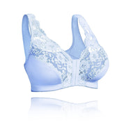 Reggiseno in pizzo bianco, senza ferretto, con chiusura frontale. Design elegante e confortevole, ideale per supporto quotidiano.