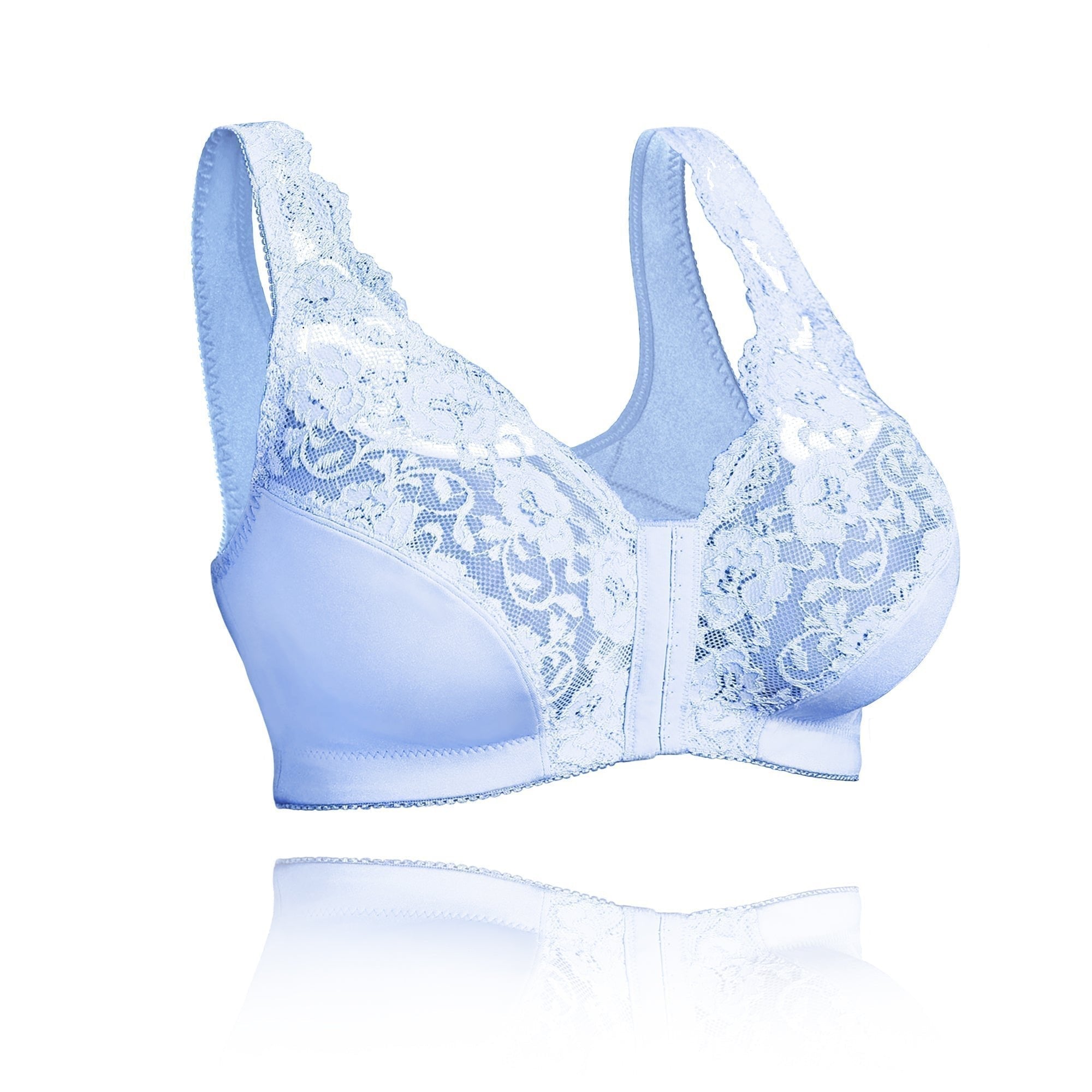 Reggiseno in pizzo bianco, senza ferretto, con chiusura frontale. Design elegante e confortevole, ideale per supporto quotidiano.
