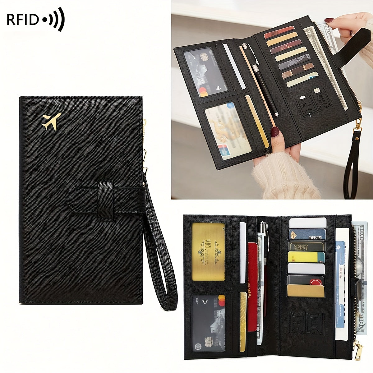 Portafoglio da viaggio nero in pelle con protezione RFID, scomparti per carte di credito, passaporto, biglietti aerei e tasca con cerniera.