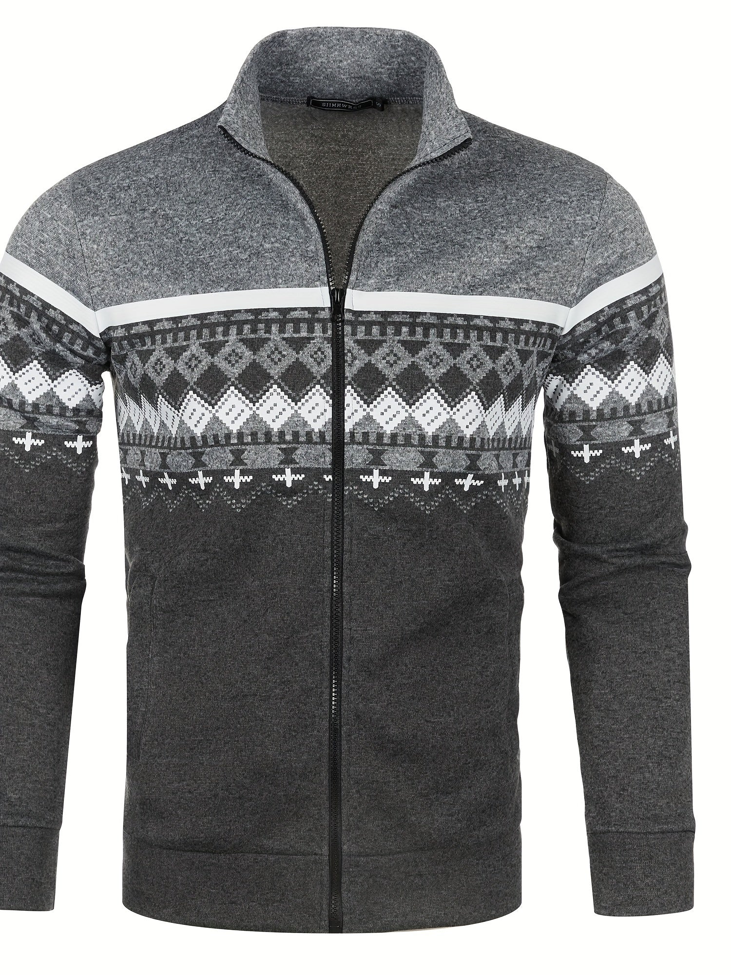 Giacca invernale uomo grigia con zip, motivo geometrico bianco e nero, collo alto, maniche lunghe, ideale per moda casual e abbigliamento caldo.