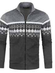 Giacca invernale uomo grigia con zip, motivo geometrico bianco e nero, collo alto, maniche lunghe, ideale per moda casual e abbigliamento caldo.