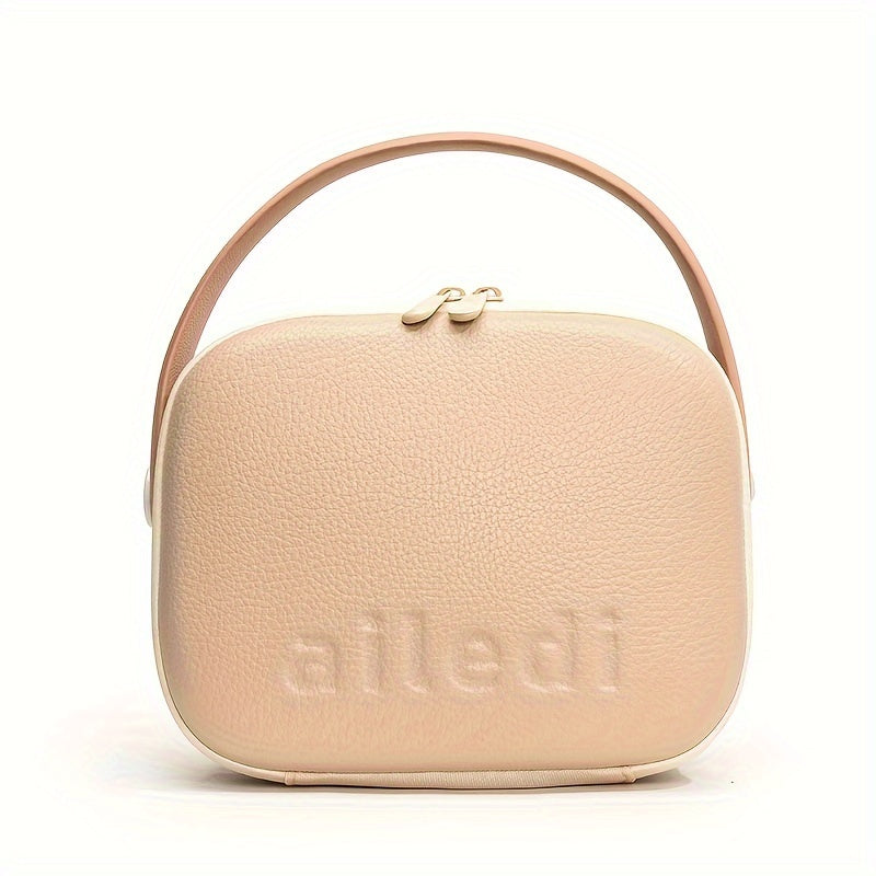 Borsa a tracolla beige in pelle con logo in rilievo, design elegante e minimalista, ideale per moda donna, accessorio di tendenza 2023.