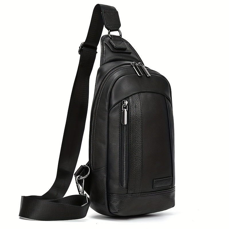 Zaino monospalla in pelle nera, design elegante e moderno, con cerniere multiple e tracolla regolabile. Ideale per uomo, moda urbana.