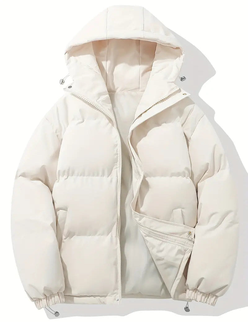 Giacca invernale imbottita bianca con cappuccio, design trapuntato, chiusura a zip, tasche laterali. Ideale per moda uomo e donna, abbigliamento caldo.