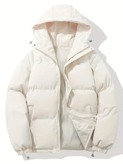 Giacca invernale imbottita bianca con cappuccio, design trapuntato, chiusura a zip, tasche laterali. Ideale per moda uomo e donna, abbigliamento caldo.