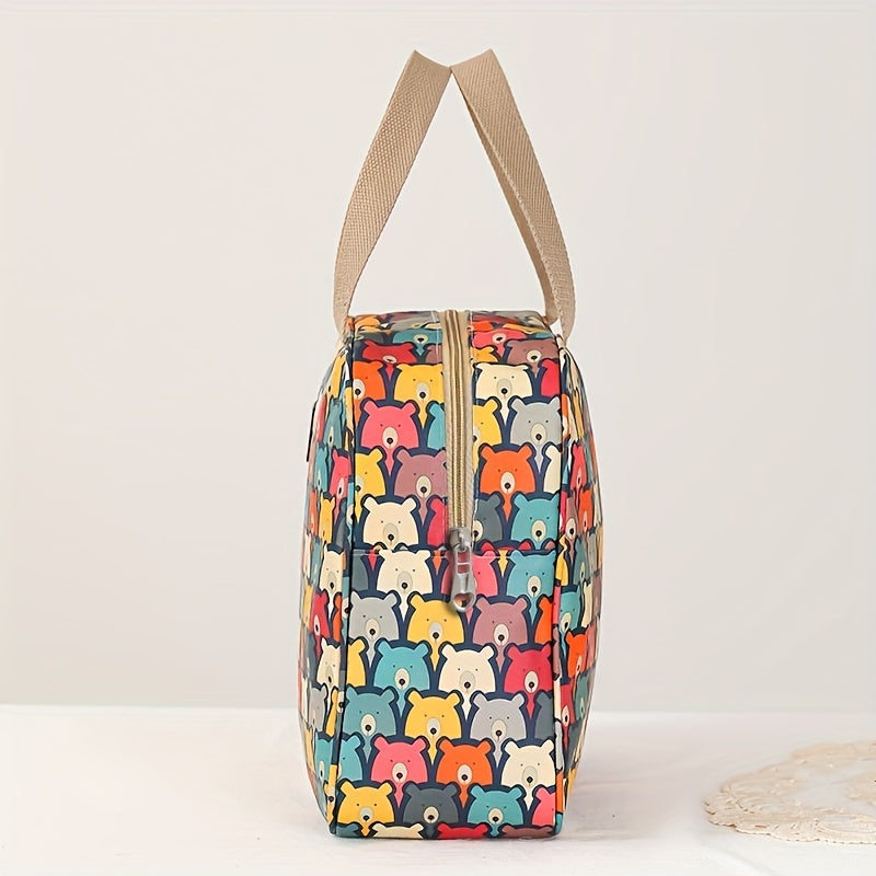 Borsa termica colorata con stampa orsetti, manici beige, chiusura a zip, ideale per picnic e pranzo al sacco. Design vivace e funzionale.