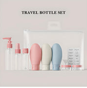 Set di bottiglie da viaggio trasparenti con flaconi spray e dispenser, ideali per shampoo, balsamo e creme. Perfetto per viaggi e aereo.