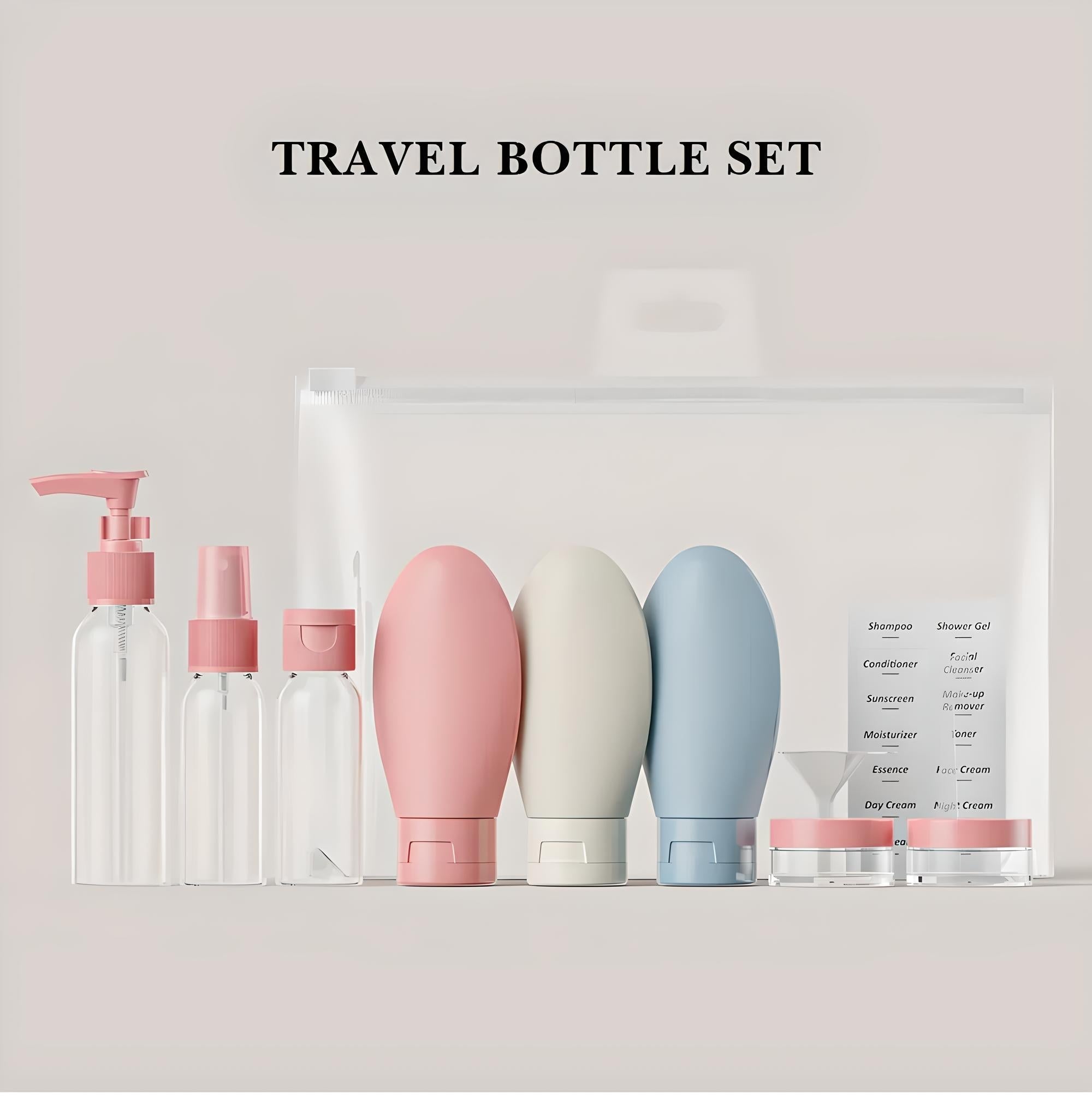 Set di bottiglie da viaggio trasparenti con flaconi spray e dispenser, ideali per shampoo, balsamo e creme. Perfetto per viaggi e aereo.
