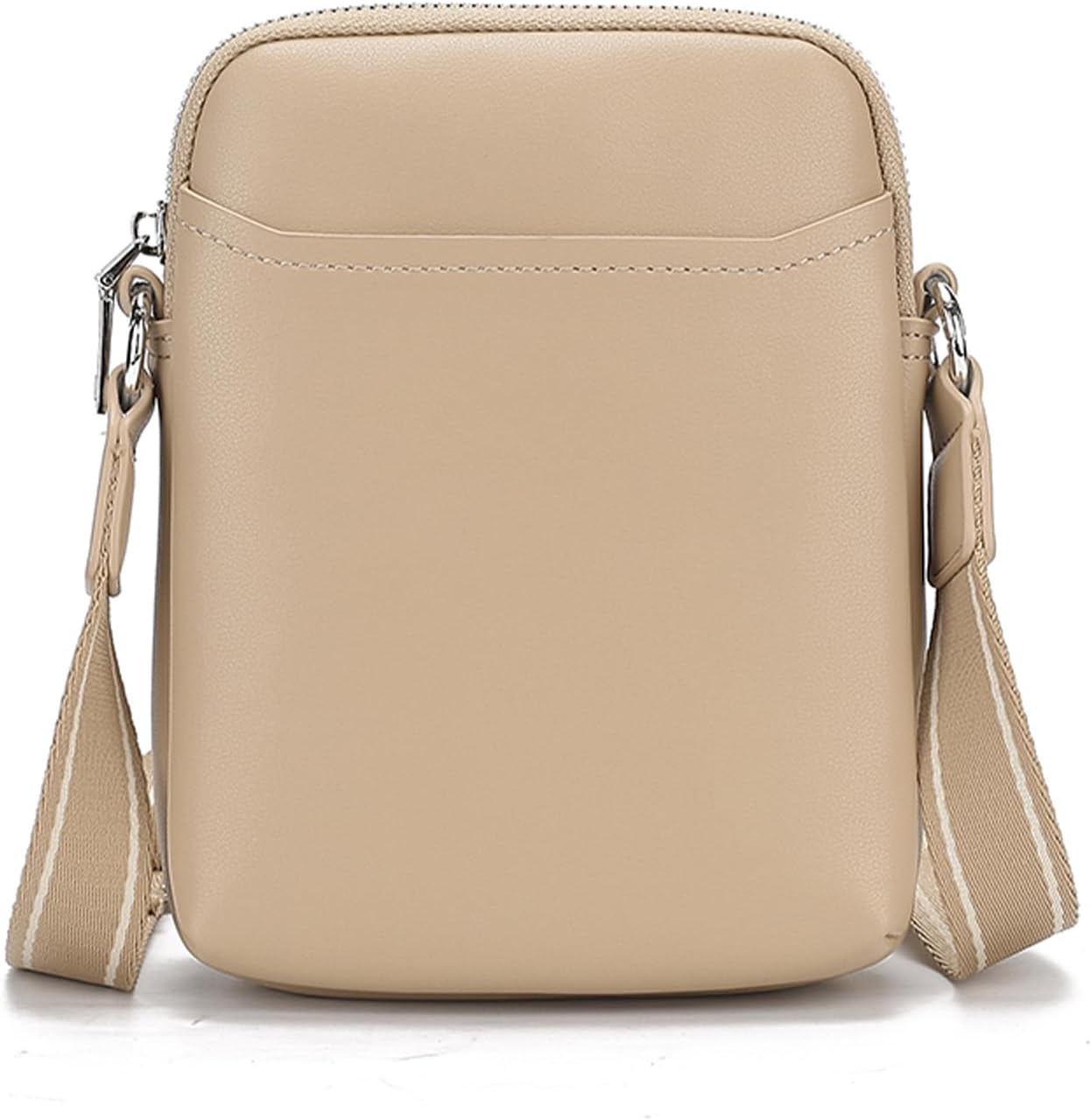 Borsa a tracolla beige in pelle sintetica, design minimalista, tasca frontale, cerniera superiore, tracolla regolabile, moda donna elegante.