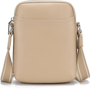Borsa a tracolla beige in pelle sintetica, design minimalista, tasca frontale, cerniera superiore, tracolla regolabile, moda donna elegante.