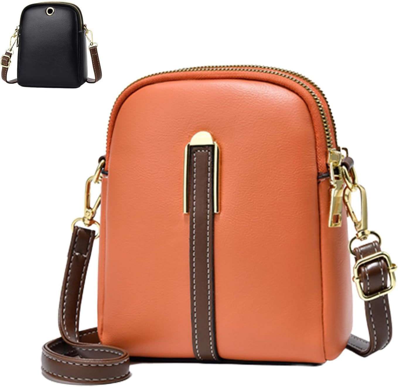 Borsa a tracolla in pelle arancione con dettagli marroni e chiusura dorata, design compatto. Include un modello nero. Accessorio moda elegante.