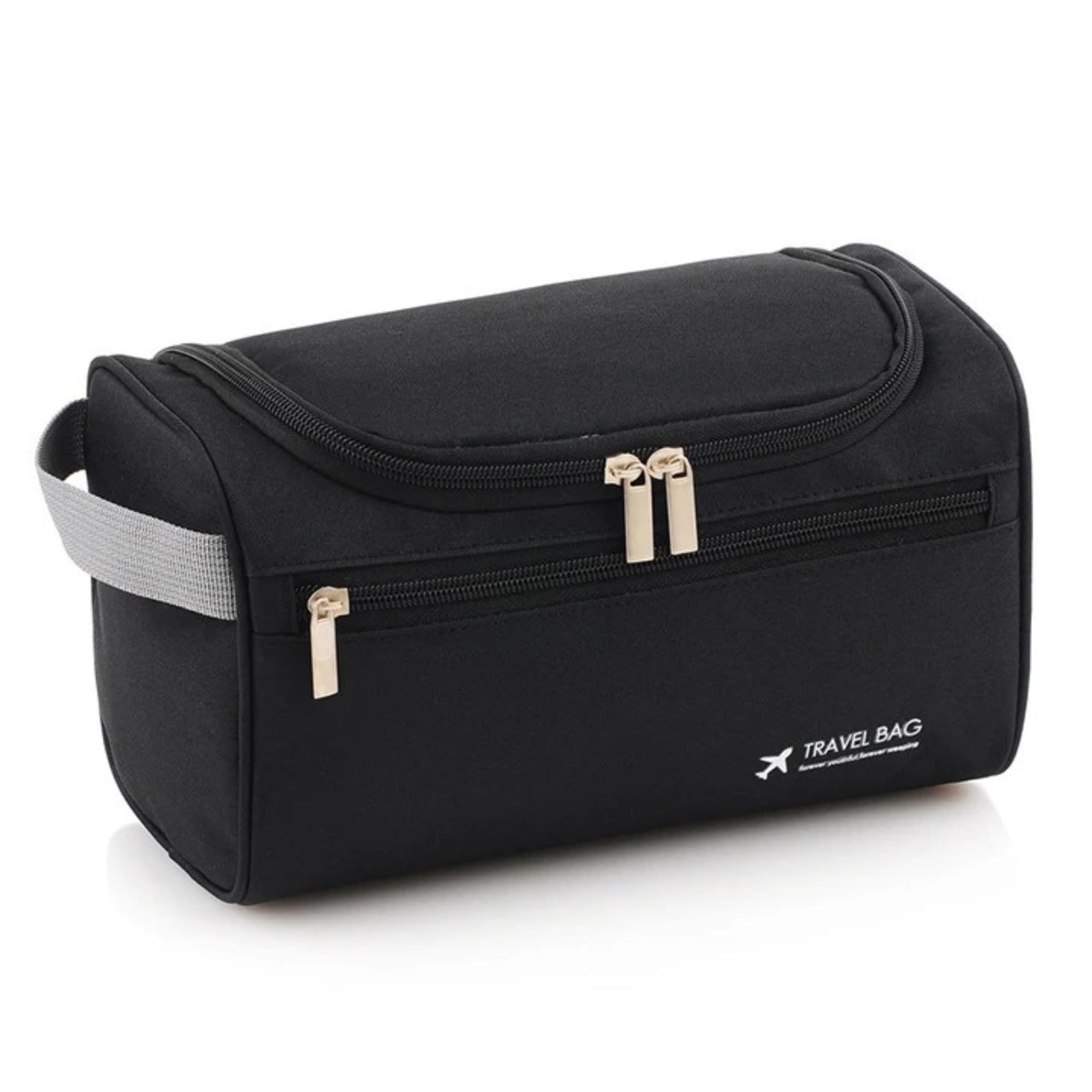 Borsa da viaggio nera con cerniera, manico grigio, tasca frontale, ideale per organizzare accessori da toilette. Design compatto e pratico.