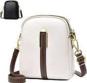 Borsa a tracolla in pelle bianca con dettagli marroni e chiusura dorata, design compatto, elegante e versatile. Disponibile anche in nero.