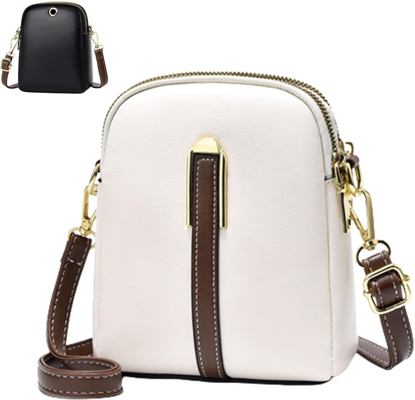 Borsa a tracolla in pelle bianca con dettagli marroni e chiusura dorata, design compatto, elegante e versatile. Disponibile anche in nero.